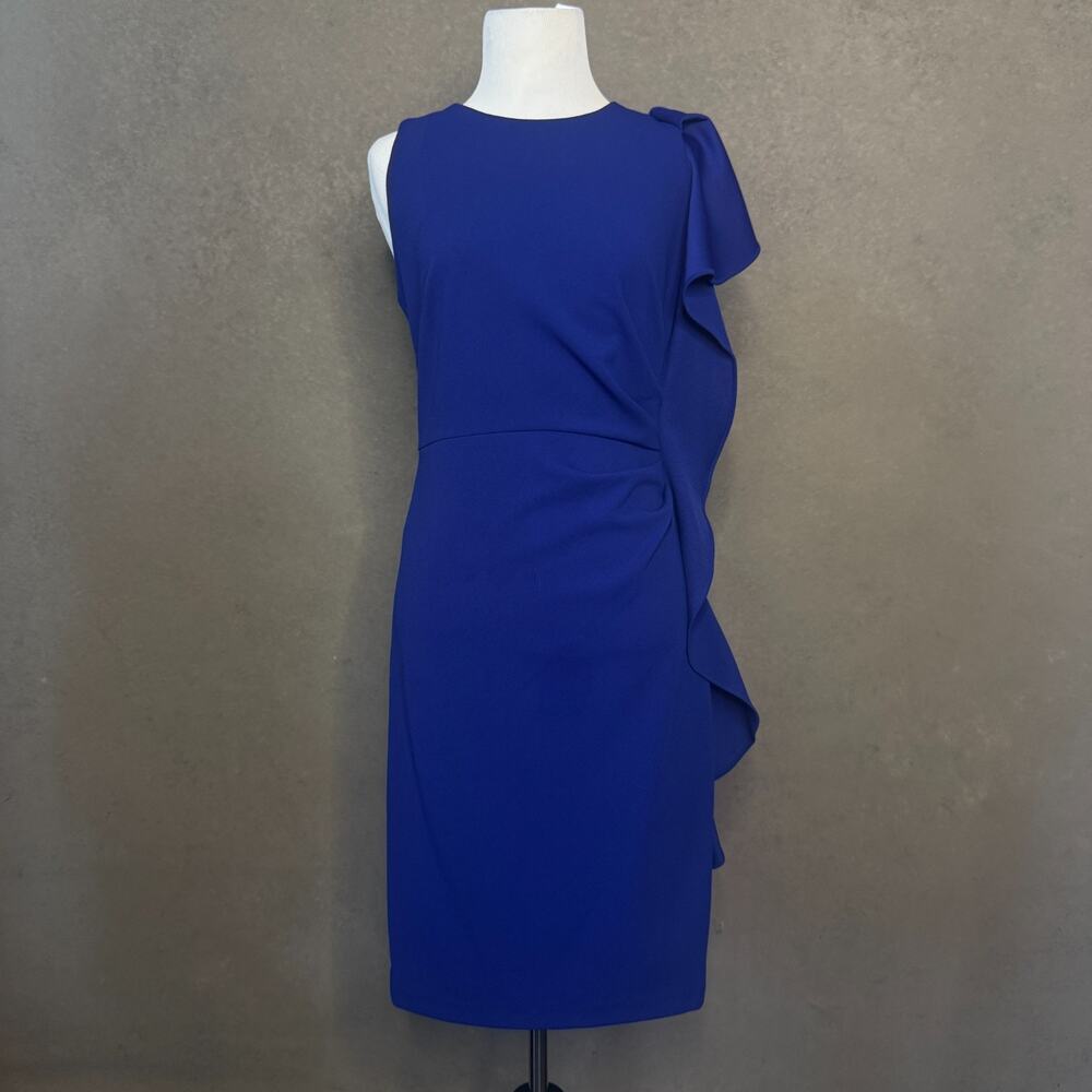 Donna Karan Sleeveless Sheath Dress Size 4 Royal Blue Ruffled Shoulder